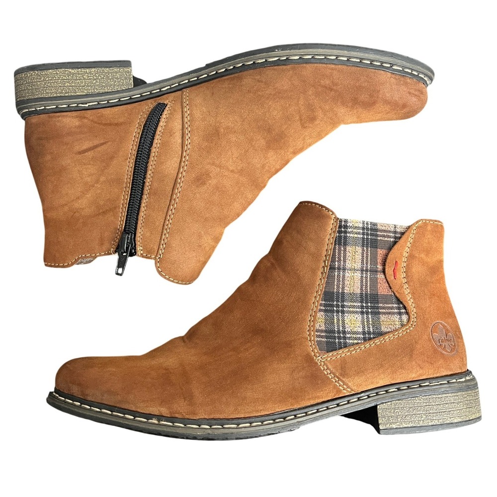 Rieker Women Tan Brown Plaid Chelsea Ankle Boots Side Zip Size 40 Z49A3-23